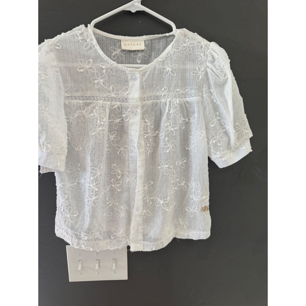 Nature White Floral Embroidered Peasant Blouse Short Puff Sleeve Boho Top